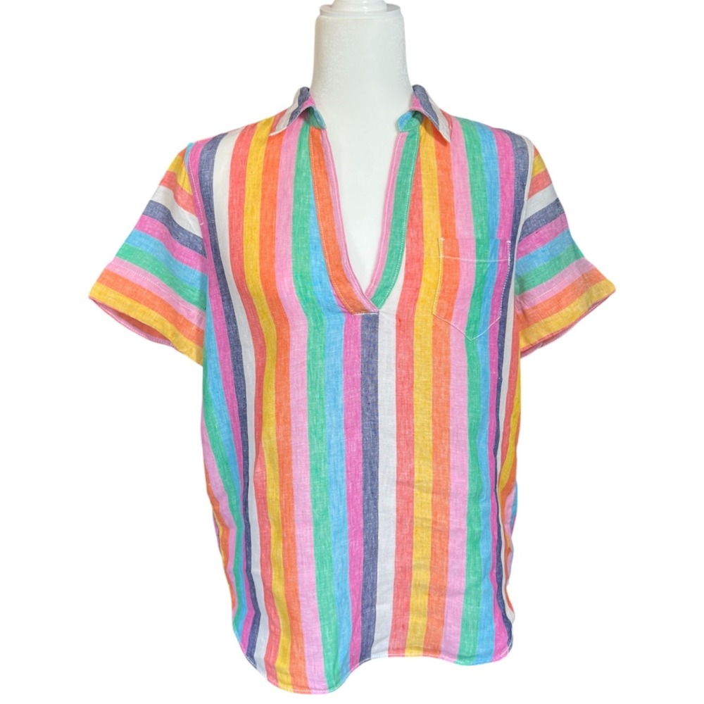 J.Crew‎ Linen Shirt Women's XS Popover Rainbow Stripes Beach Oversized
